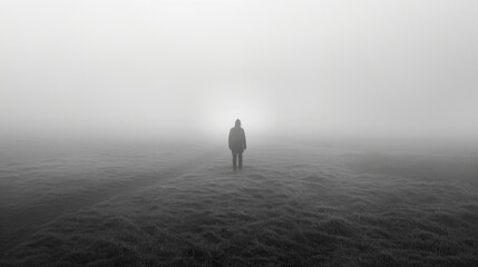 A lone figure cautiously navigates through the mist searching for any sign of potential danger. - obrazy, fototapety, plakaty