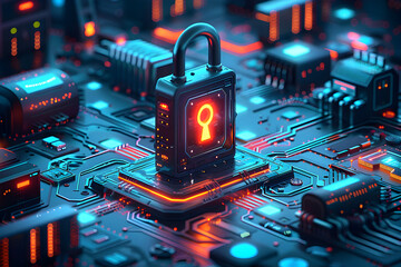 A 3D animated cartoon render of a digital padlock encircled by firewalls and computer code. - obrazy, fototapety, plakaty