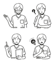 Set of 4 line illustrations of female doctors' upper bodies in scrub uniforms 
