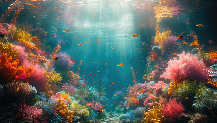 Fototapeta na wymiar Coral reef in the sea with beautiful fishes. Created with Ai