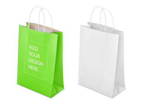 Paper shopping bags Mockup. Green and White packaging with rope handles for supermarket or grocery store. Branding Design template isolated on white transparent background. Vector illustration.