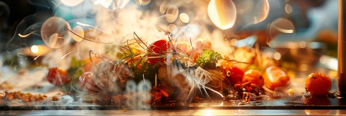 Dramatic culinary dish in vibrant setting - A dramatic presentation of a culinary dish, surrounded by vibrant, dynamic lighting and a creative plating style