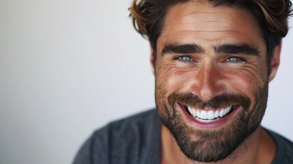 Fototapeta premium Joyful man with trendy beard and hairstyle exudes confidence and positivity in casual setting. Embracing self-care and mental well-being.