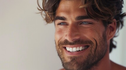 Portrait of cheerful man with beard and tousled hair, showcasing natural and casual look with genuine smile. Relaxed lifestyle and authentic emotion.