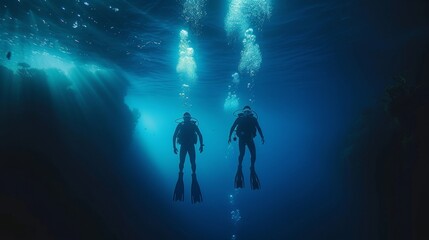 Two scuba divers emerging from the deep blue backs to the camera as they ascend towards the surface dive lights creating . .