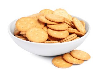 Tasty crackers in bowl isolated on white