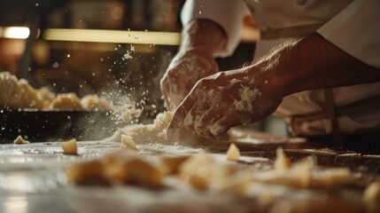 Professional chef handcrafting gourmet pasta in rustic kitchen setting. Traditional Italian cuisine and artisan cooking.