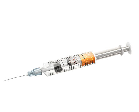 A vector illustration depicting a syringe filled with cigarette smoke against a white background.






