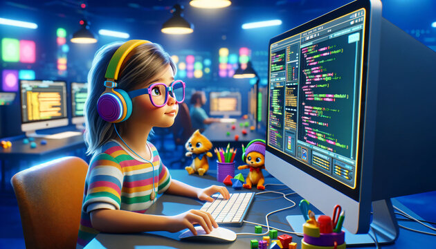 A concentrated child with headphones coding on a high-tech computer, surrounded by toys, indicating the early development of digital literacy in a vibrant, imaginative setting.
