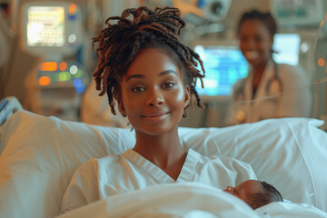 Happy tired black African American woman after childbirth at medical clinic wearing hospital robe holding a newborn baby on hands,  happy smiling doctors nurses around her 