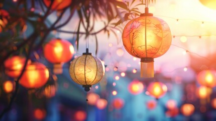 Illuminated traditional lanterns hanging outdoors during twilight creating warm festive ambiance. Cultural celebration and decoration. - obrazy, fototapety, plakaty