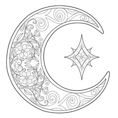 A beautiful moon in an engraved floral design and lodestar. Antistress page for adults. Vector illustration. 
