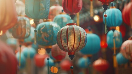 Colorful paper lanterns hanging at outdoor festival to celebrate Asian culture. Traditional decorations for cultural festivities. - obrazy, fototapety, plakaty