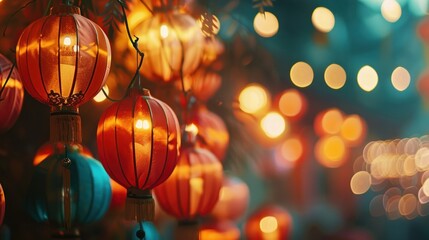 Festive Chinese New Year decorations with vibrant lanterns and glowing lights, creating warm...