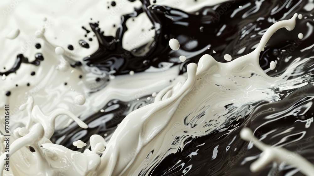 Poster dynamic interplay of black and white liquid textures creating abstract art. fluid movement and contr