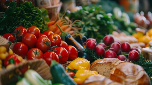 Fresh market produce with vibrant colors - A bountiful image capturing an array of fresh vegetables, fruits, and bread on display at a market, embodying organic and healthy living
