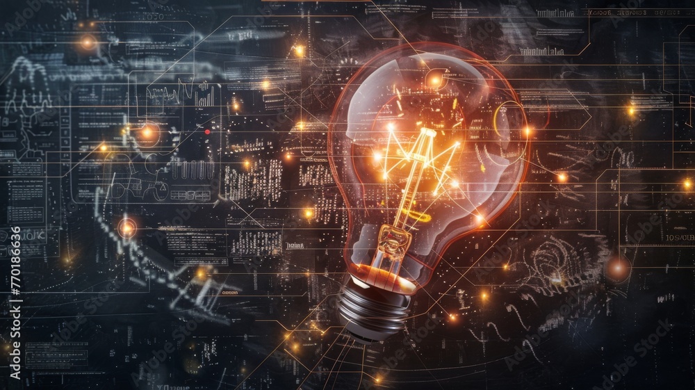 Poster futuristic light bulb concept with diagrams - an imaginative composite image with a light bulb overl