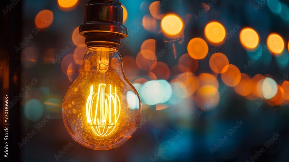 Poster Glowing filament bulb close-up with bokeh - A close-up shot of a glowing incandescent light bulb, showcasing the intricate filament with soft bokeh background