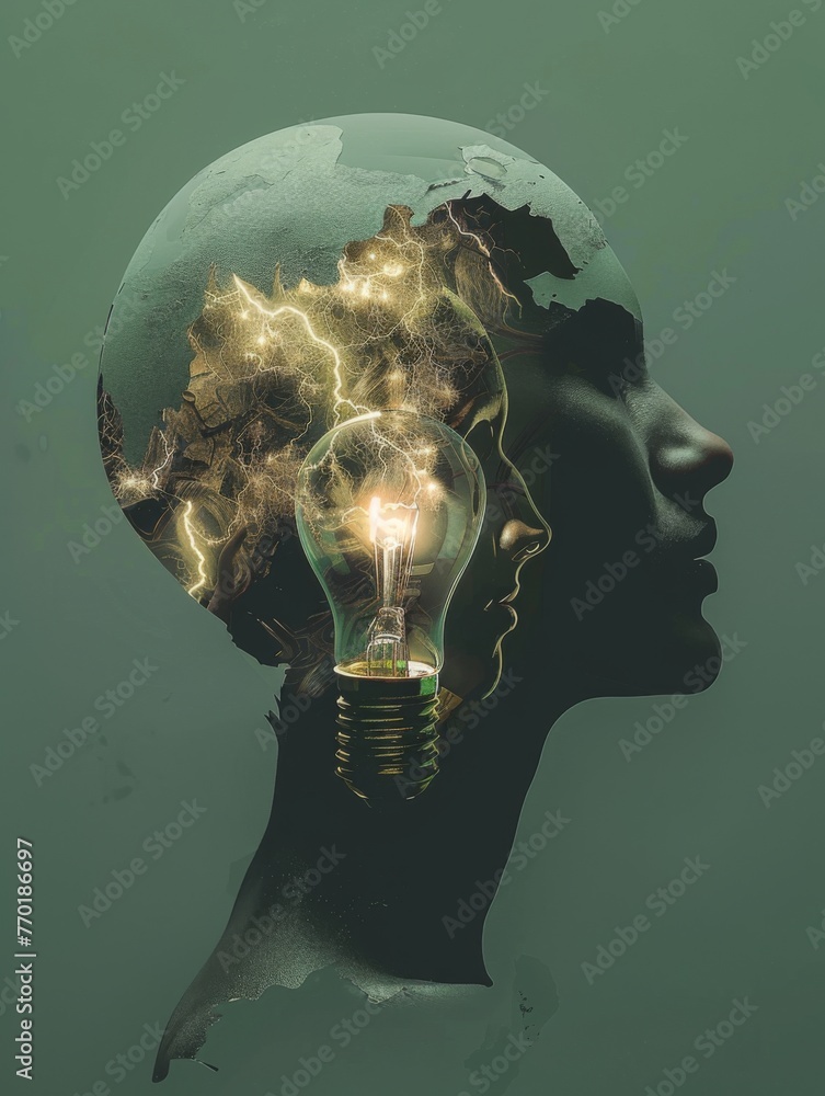 Poster glowing lightbulb in a silhouette head - a creative concept with a lightbulb illuminated within a hu