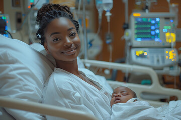 Obraz premium Happy tired black African American woman after childbirth at medical clinic wearing hospital robe holding a newborn baby on hands, happy smiling doctors nurses around her 