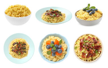 Tasty millet porridge isolated on white, set