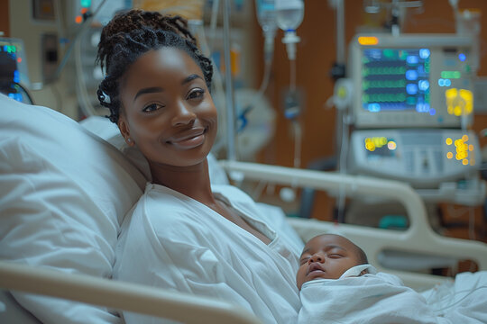 Happy tired black African American woman after childbirth at medical clinic wearing hospital robe holding a newborn baby on hands,  happy smiling doctors nurses around her 