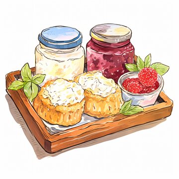 Gourmet scones with clotted cream and jam their rustic charm highlighted on a white background