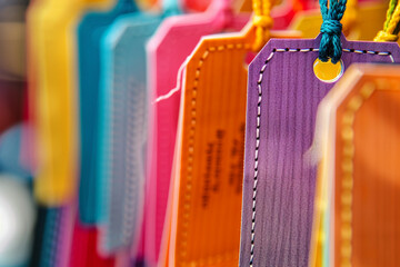 Close-up on a variety of sale tags on clothing, colorful, bright store lighting, sharp detail. - obrazy, fototapety, plakaty