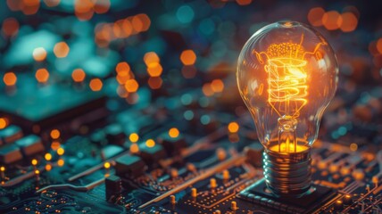 Illuminated lightbulb on a circuit board - A bright lightbulb stands out in the middle of a complex circuit board, symbolizing ideas and technology