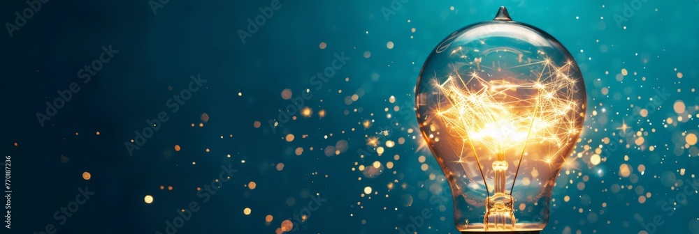 Poster light bulb with sparkles on a blue background - a dynamic image of a light bulb with radiant sparkle