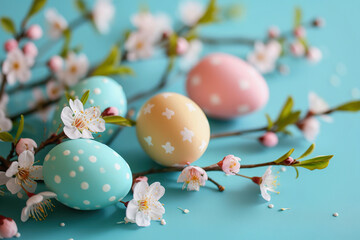 Pastel Easter eggs and cherry blossoms on turquoise background