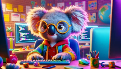 Foto op Canvas A cartoon koala with a sly look sits in front of a keyboard and learns to program. The concept of learning and science © iuliia
