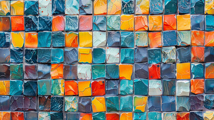Ultra detail of square mosaic tiles on public building, vibrant colors, seamless texture, direct sunlight. - obrazy, fototapety, plakaty
