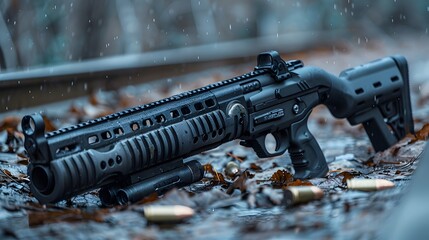 a modern assault shotgun, its tactical rail and extended magazine ready for close-quarters engagements. Each shell loaded is a reminder of its devastating firepower in the hands of a skilled operator. - obrazy, fototapety, plakaty
