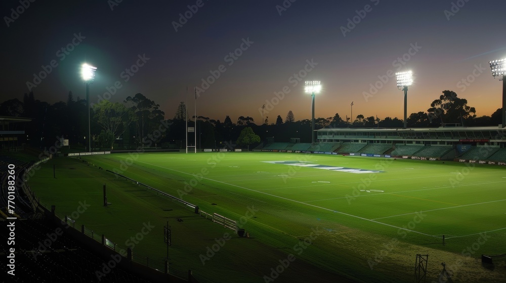 Poster an elevated view of a partially lit stadium showing the gradual progress as the floodlights switch o