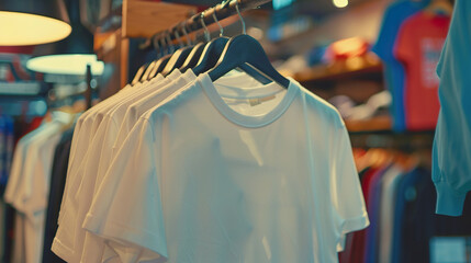 White T shirts on Wooden Hangers in a Retail Store