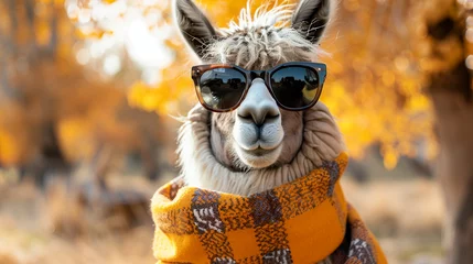 Deurstickers Close-up of a llama in sunglasses and yellow scarf, quirky cool © Stone Story