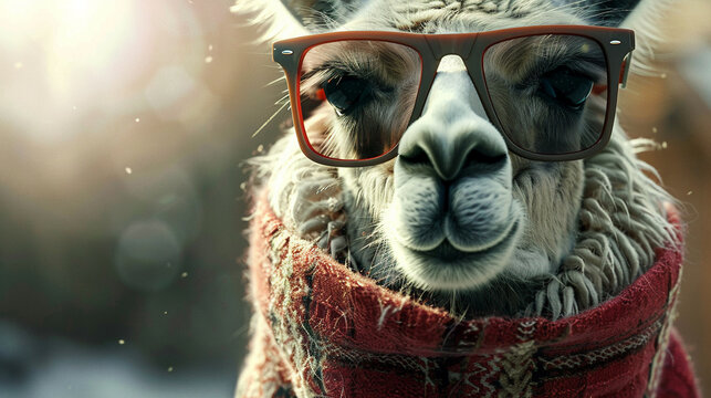 Close-up of a llama in red sunglasses and red scarf, quirky cool.