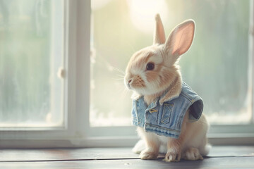 cute rabbit wear denim vest shirt jeans.