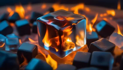 Deurstickers A photo of an ice cube and a fire cube side by side, taken in a wide format © Iqra