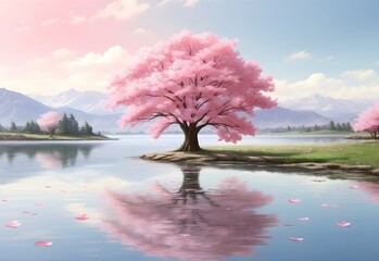 A lone cherry blossom tree, its pink blossoms fluttering down on a quiet pond, serene under the expanse of a gentle spring sky, generative AI