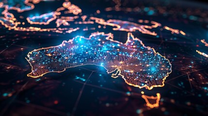 A glowing map of Australia stands out against a dark background, emitting a soft light and showcasing the countrys outline. - obrazy, fototapety, plakaty
