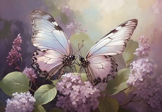Gossamer-winged butterflies alighting on wild lilacs, a vibrant splash in the soft haze of a tranquil glade, generative AI