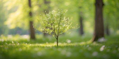 Lush spring greenery in a woodland park, punctuated by the dance of sunlight and the grace of new leaves, in a delicate defocus, generative AI