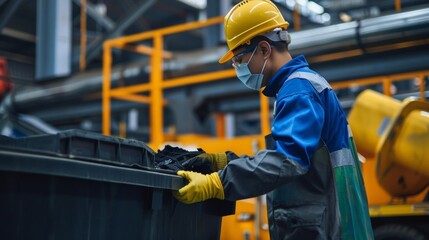A factory worker wearing a hardhat and gloves carefully disposing of s material into a recycling bin. An efficient waste management . .