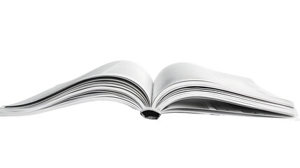 A wide-angle view of an open magazine placed against a white background, isolated from other...