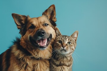 Happy Dog and Cat on blue background, animals love each other