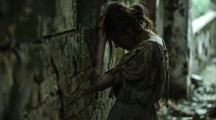 A woman with worn and tattered clothing leans against a wall face obscured as takes a moment to rest a the ruins. . .