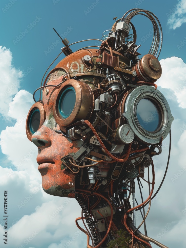 Poster steampunk robotic head structure on sky background - intricate steampunk robotic head with detailed 