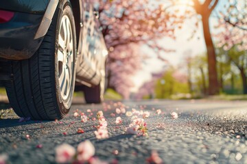 summer car tires in the blooming spring in the sun, time for summer tires - obrazy, fototapety, plakaty